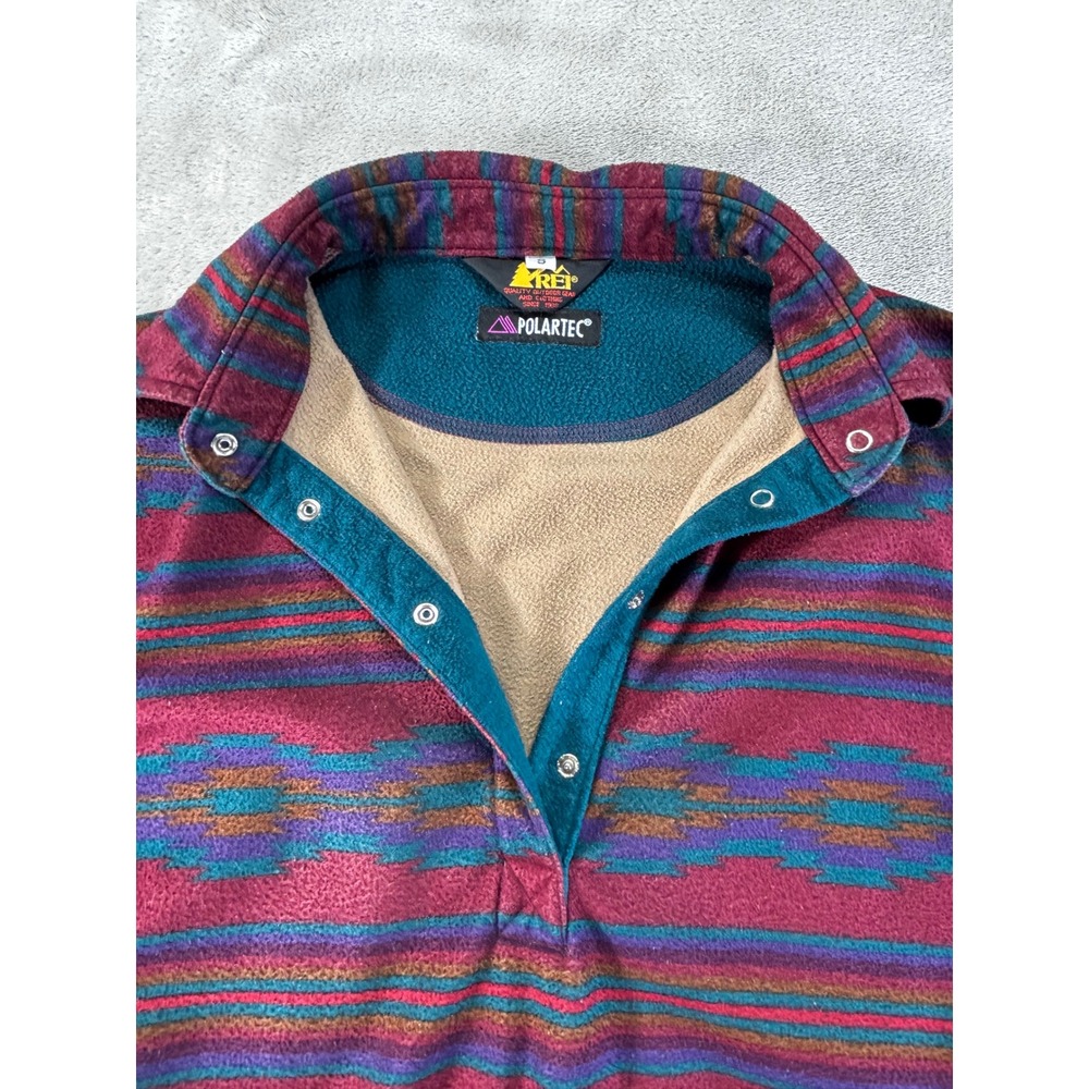 REI Polartec Fleece Pullover Mens Small Burgundy Southwestern Aztec USA Made - Picture 2 of 8